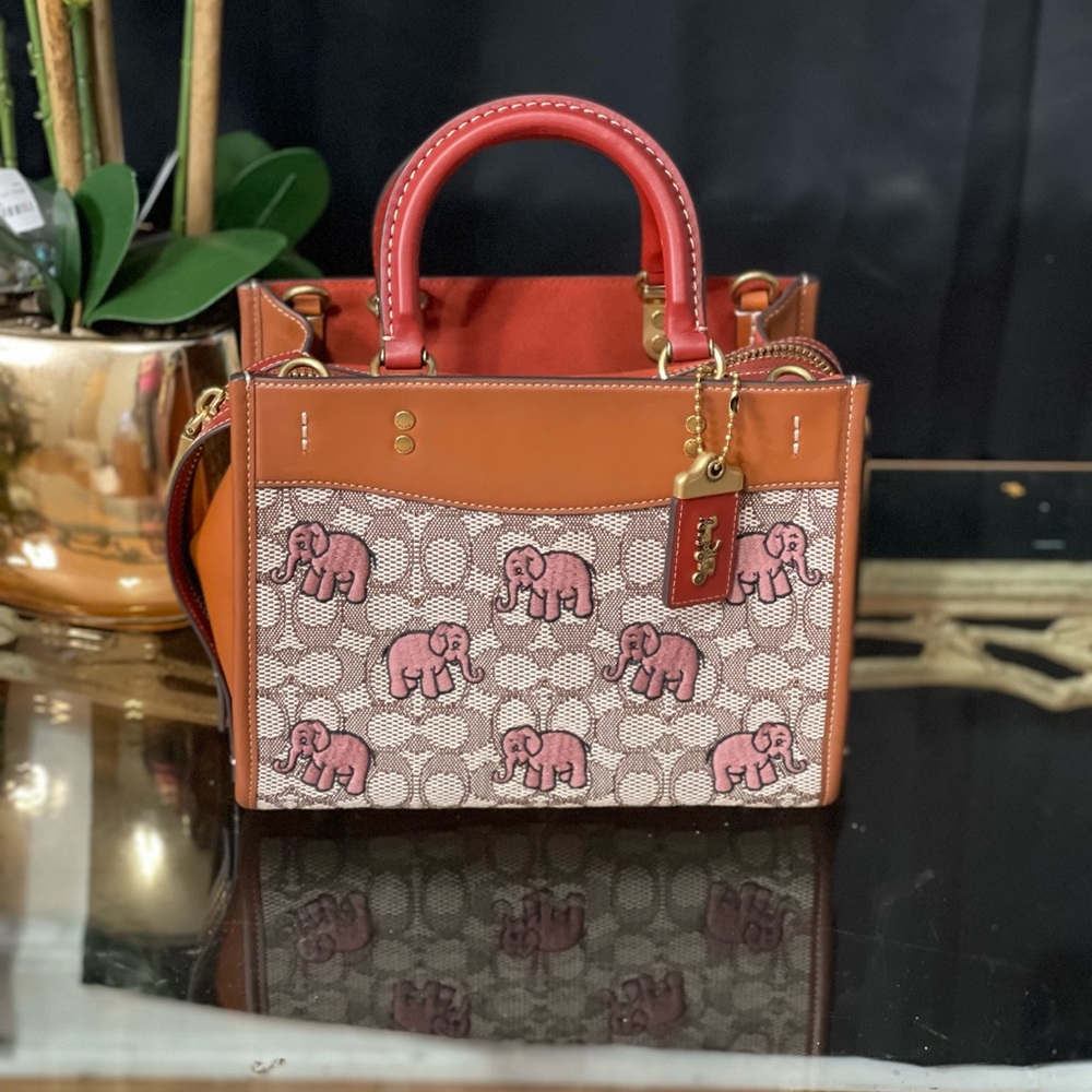 COACH Rogue 25 Cocoa Textile Jacquard Embroidered Elephant Motif Leather